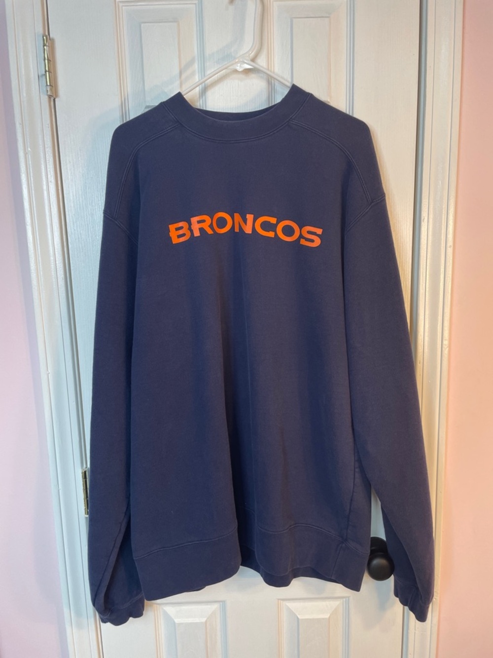 Reebok Navy Crewneck Sweatshirt with Orange Broncos Logo. Nice for Bronco fans